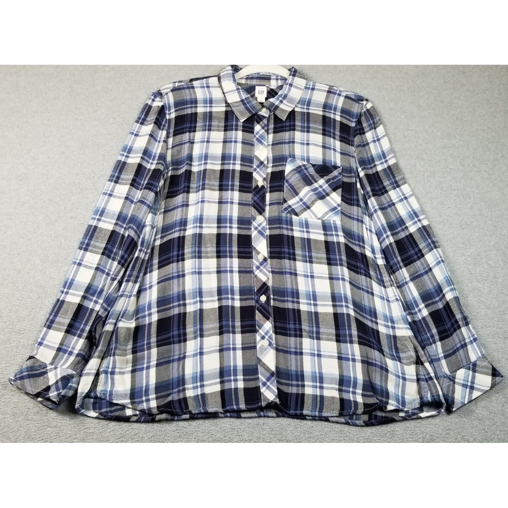 GAP Button Up Shirt Women's L Large Blue White Plaid Soft Casual Long Sleeve Top